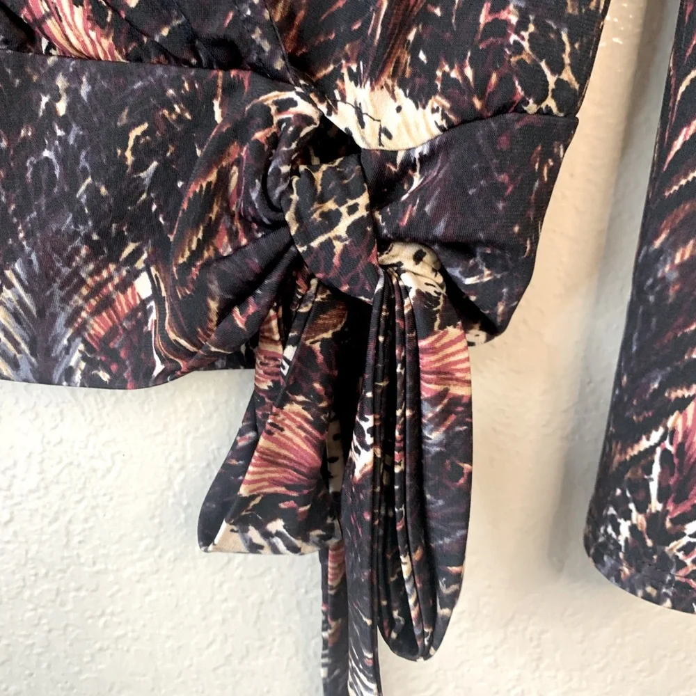 Veronica M Boho Feather Print Surplice Faux Retro Wrap Bell Sleeve Blouse Size S